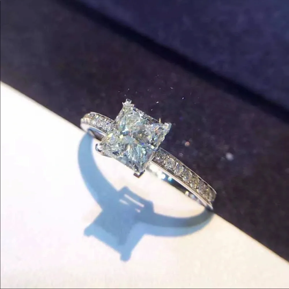 925 Sterling Silver Princess Square Simulator Diamond Ring Wedding Engagement